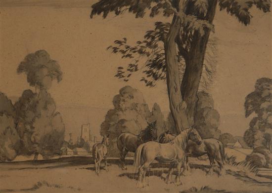 Ernest Herbert Whydale (1886-1952) Horses in a field 26 x 36cm